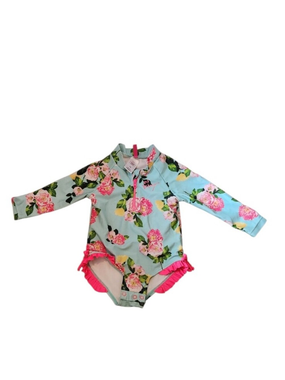 Betsey Johnson Girls Floral Long-Sleeve Rashguard Swimsuit - Light Blue & Pink